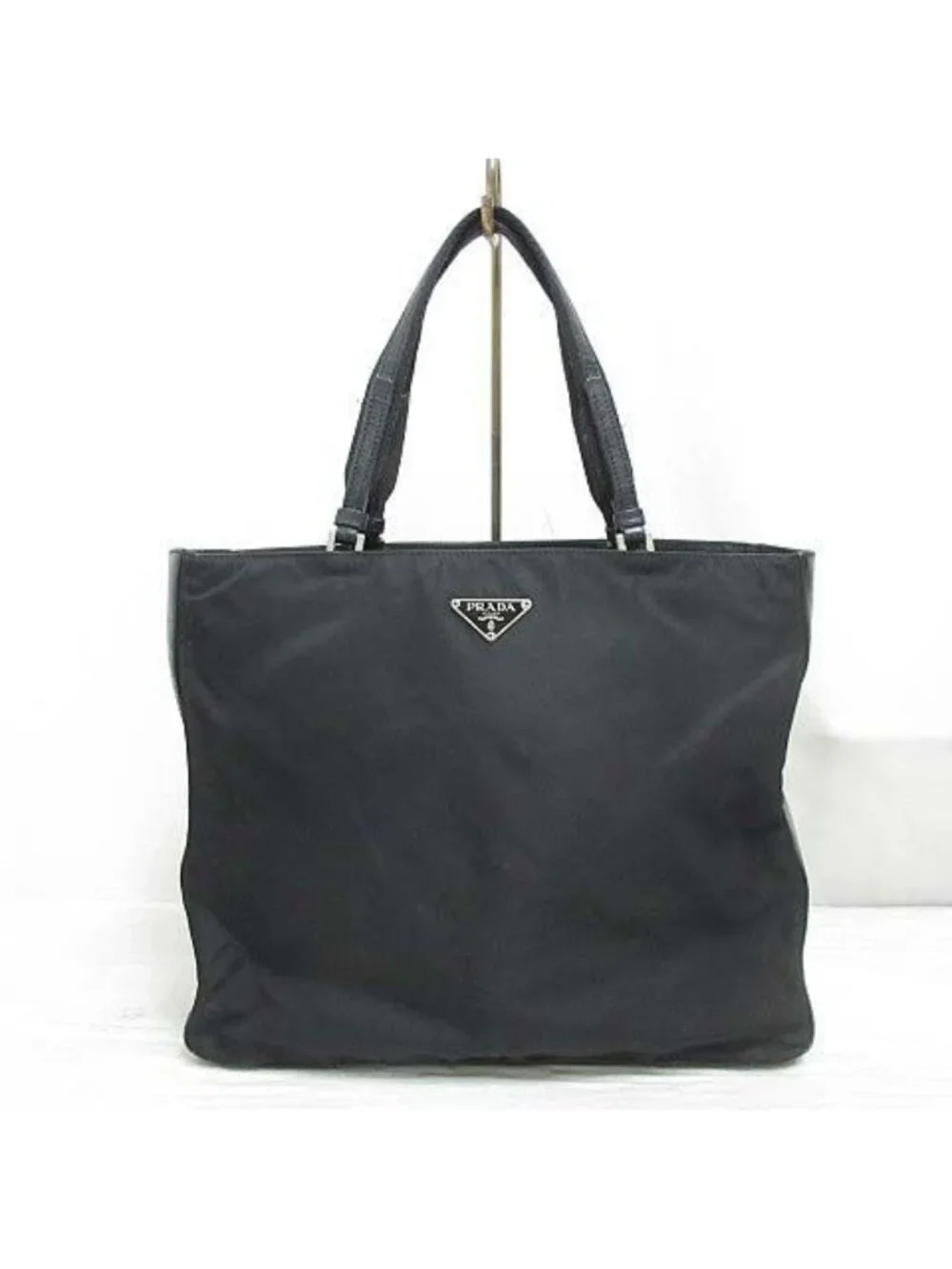 Prada Nylon Leather Tote Hand Black